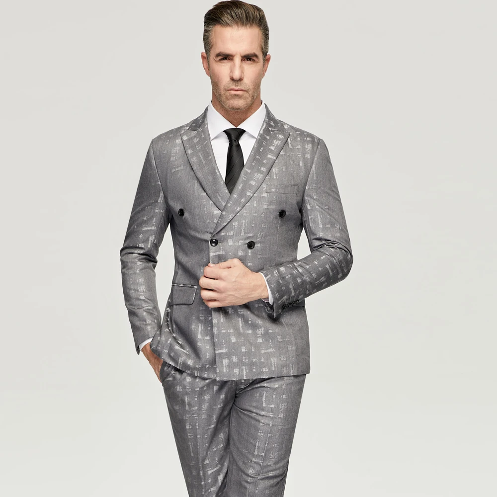 Men\'s  Grey Jacquard Suits 2023 Casual Double Breasted 6 Buttons Wedding Grooms Wear (Jacket+Pants) Formal Prom Dinner Suits