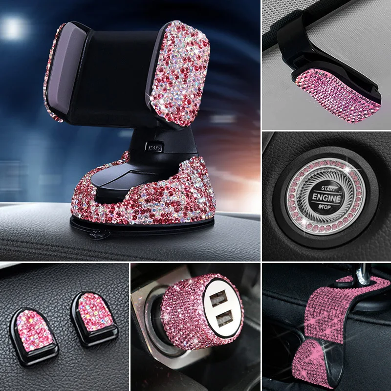 20Pcs/Set Rhinestone Car Phone Holder Universal Auto Interior Hooks Sticker Pad Set Pink Bling Car Accessories for Women
