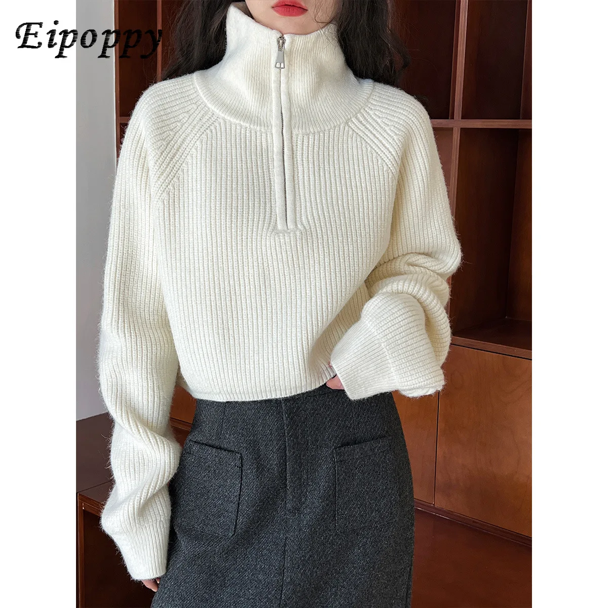 Half Zipper Sweater Short Sweet Cool Style Batwing Sleeve Christmas High Waist Sweater for Women