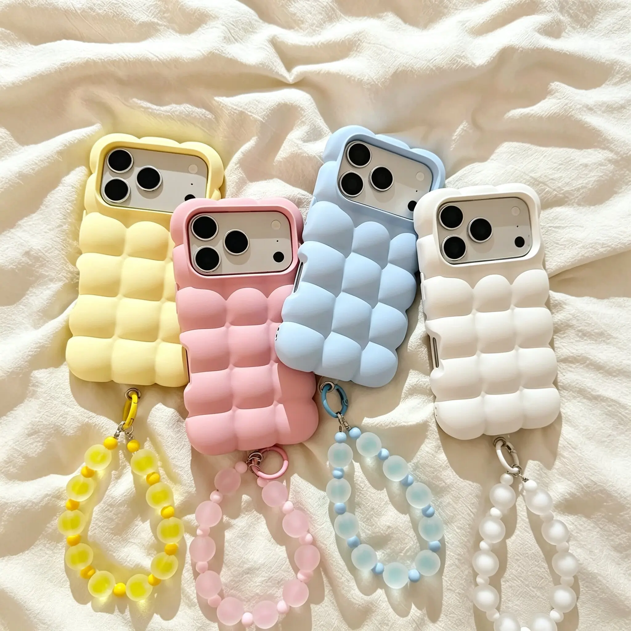 3D Bubble Grid Silicone Phone Case For iPhone 18 17 16 15 14 13 Pro Max Lanyard Soft Flexible Scratch‑Resistant Protective Cover