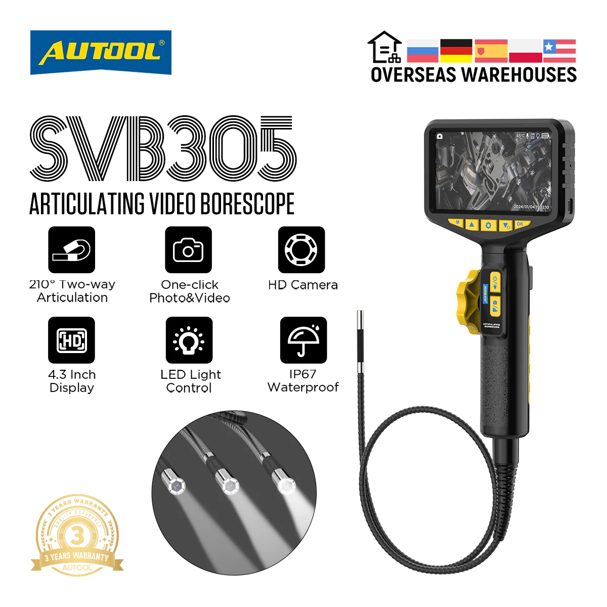 AUTOOL SVB305 New Car Endoscope 1080HD 100W Pixel 4.3 Inchhd Display LED Light Autofocus Camera Lens for Automotive IMG Video