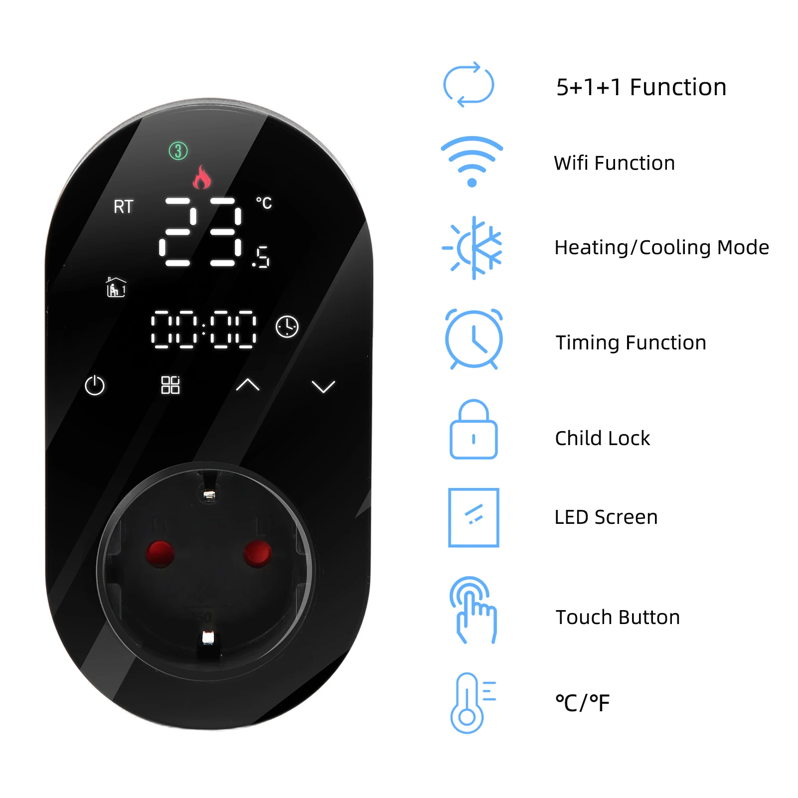 WiFi Digital Thermostat Outlet Plug 16A Outlet Tuya App Voice Control Socket Temperature Controller for Home with Touch Button