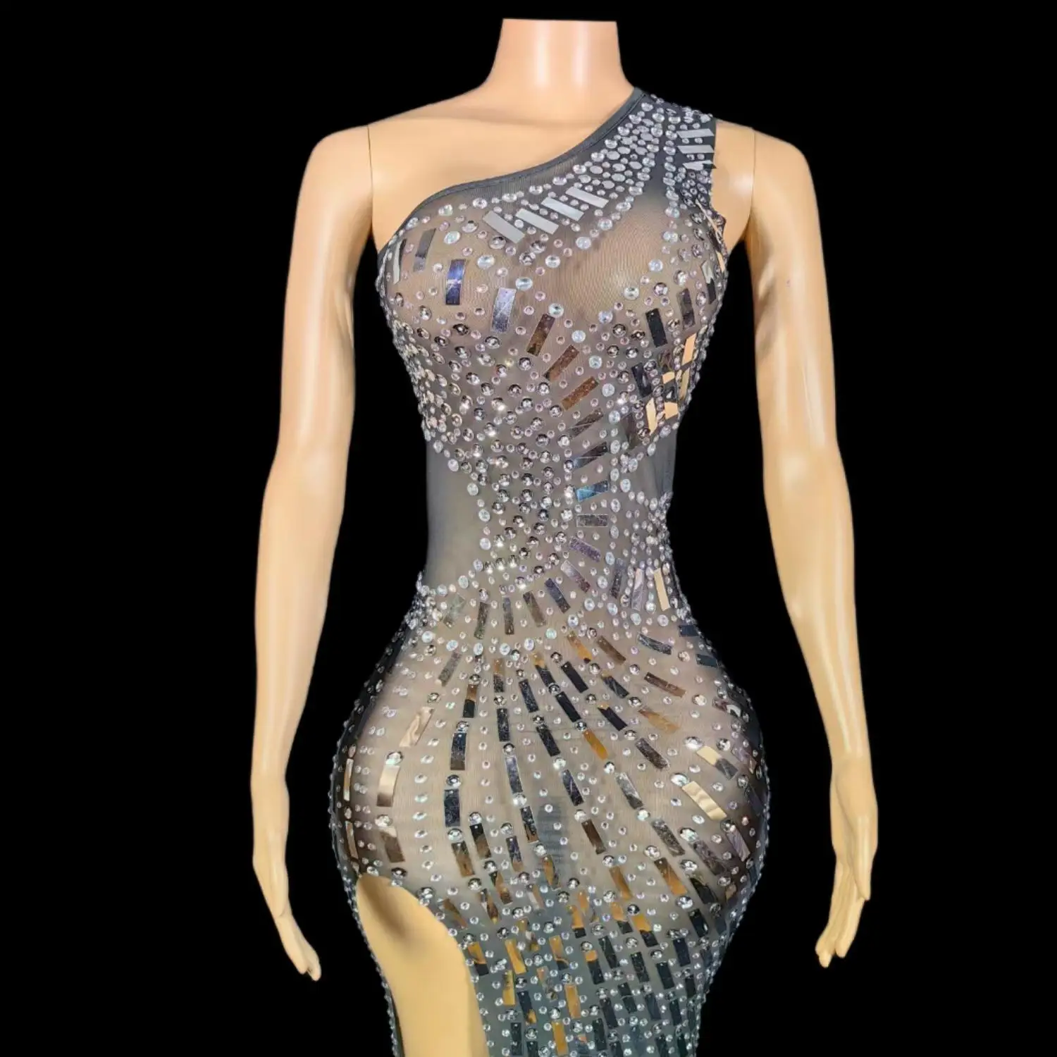 Sdanjian سباركلي الترتر عالية الجانب الشقوق الطابق طول فستان مثير المرأة أنيقة كتف واحد ثوب مسائي احتفال الزي الطرف