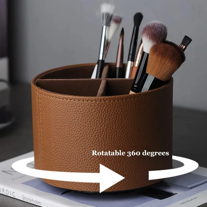 Creative Rotating Desktop Leather Storage Box Remote Control Makeup Brush Storage Office Pen Holder