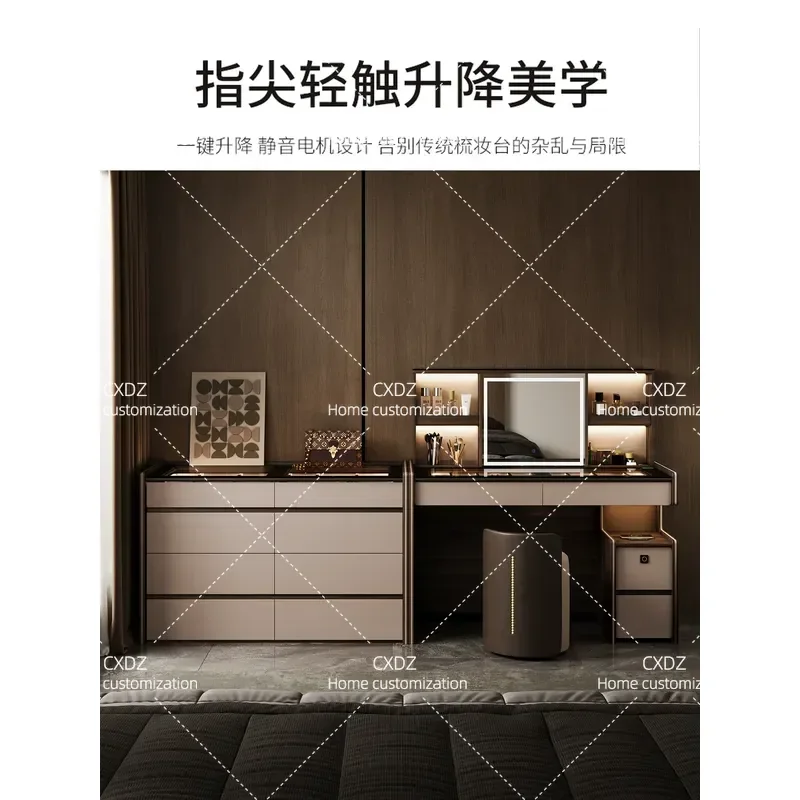 Italian Style Electric Lift Dresser with Integrated Bedside Cabinet Hidden Mirror Smart Makeup Table Light Luxury High End