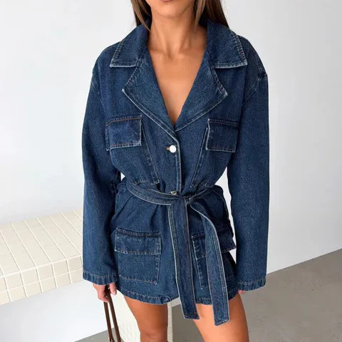 Chic Autumn 2026 Fashionable Denim Coats Long Sleeve Denim Jackets Casual Lapel with Belt Medium and Long Denim Jacket Y2K
