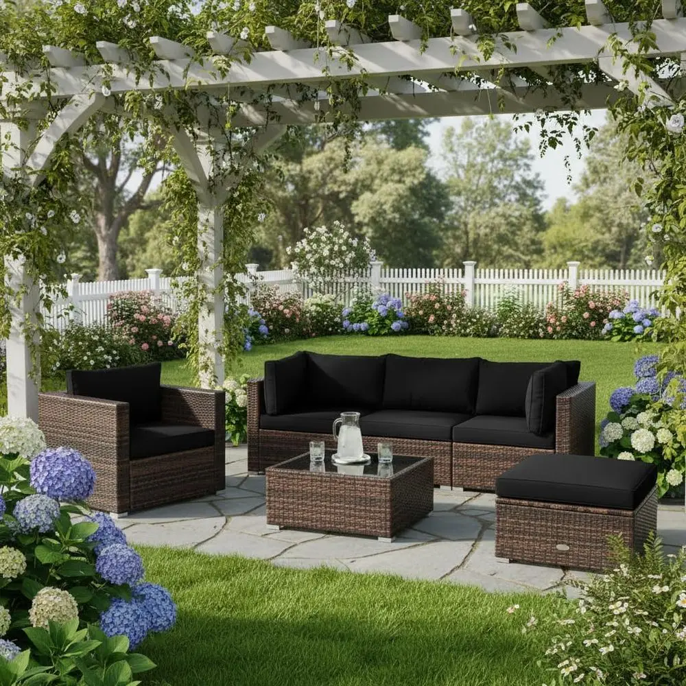 

6-Piece Black Wicker Outdoor Patio Furniture Set with Sectional, Glass Coffee Table, and Ottoman