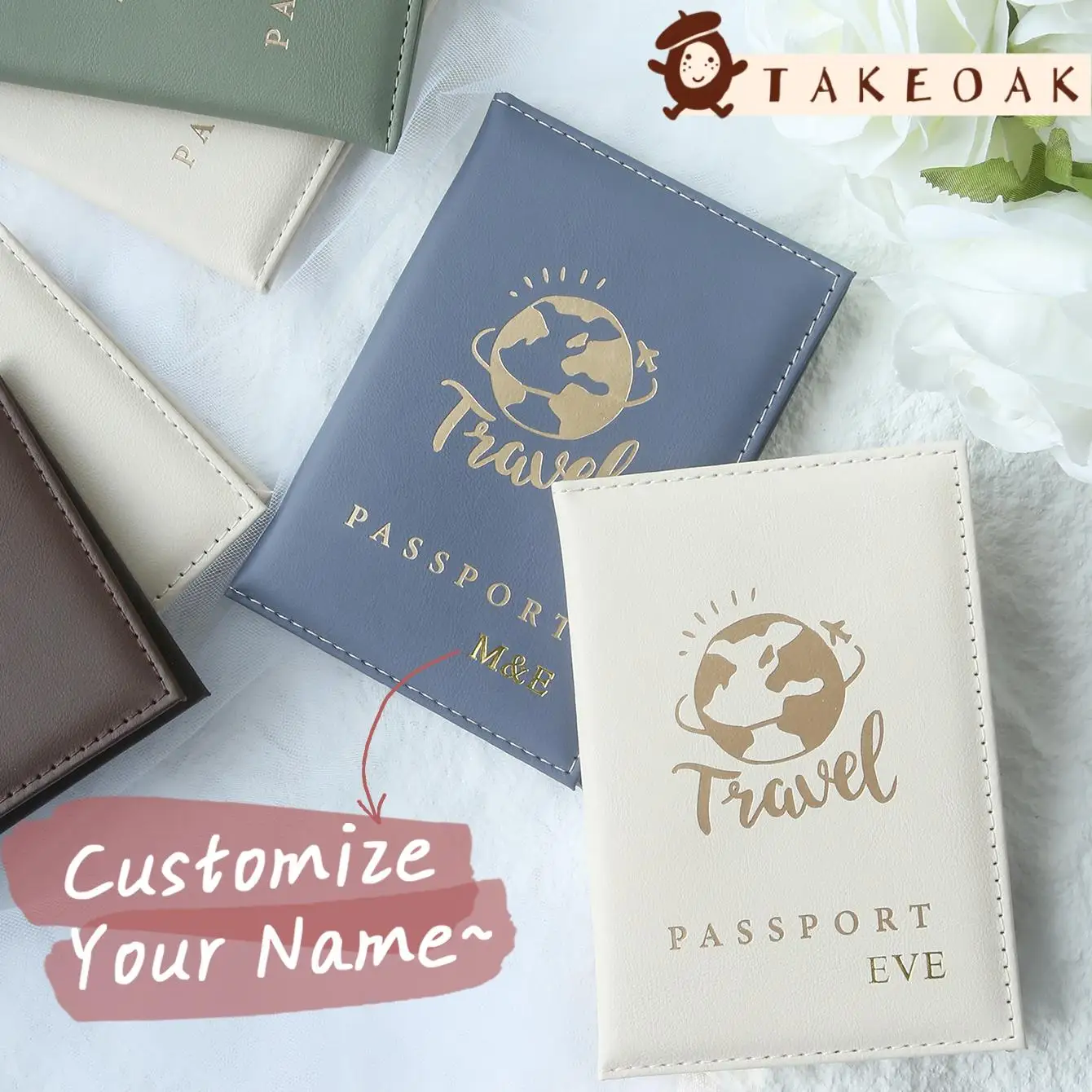 2Pcs Matching Couple Passport Holder Set Personalized Gold Stamped Name World Travel Globe Leather Wallet Honeymoon Custom Gift