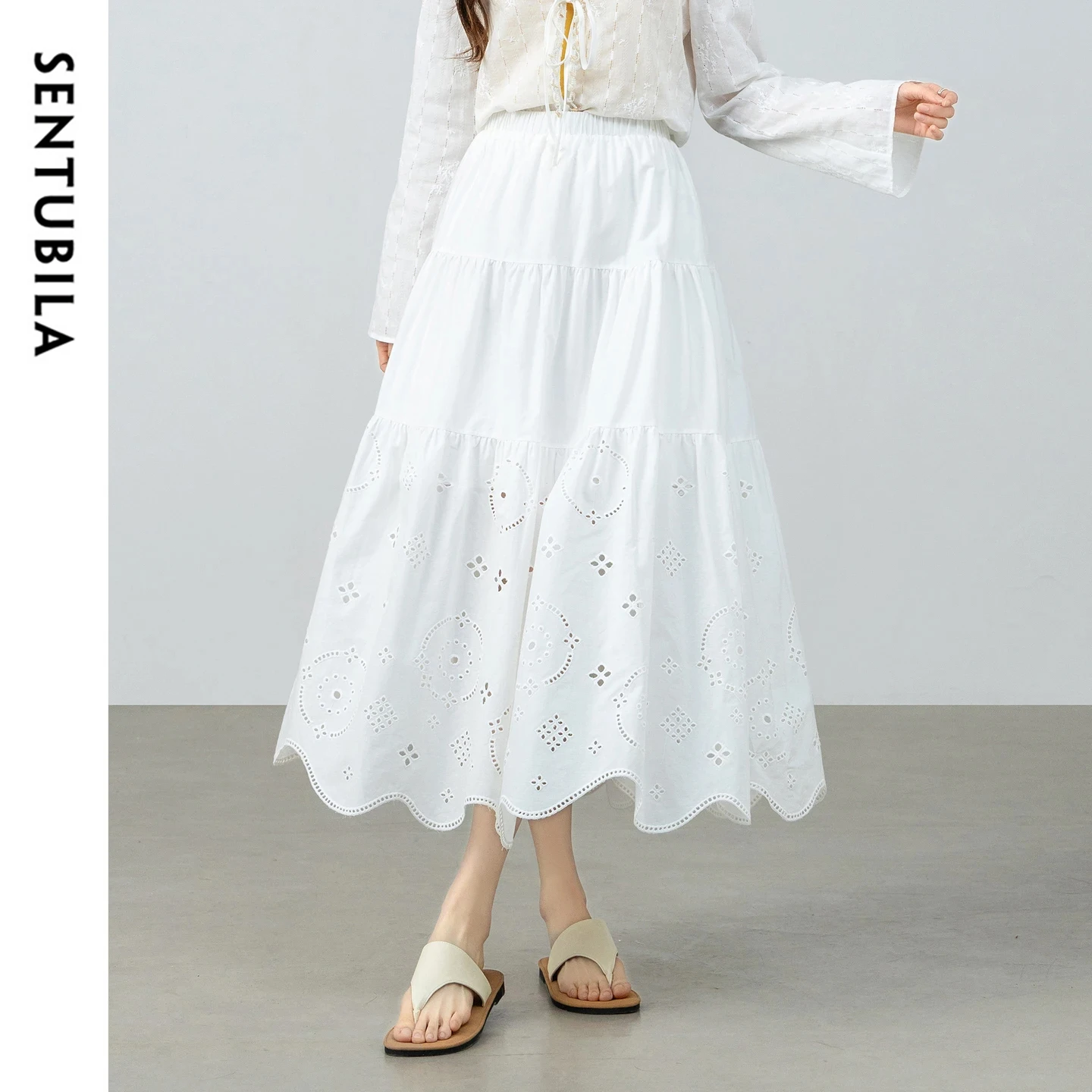 

SENTUBILA 100% Cotton Skirts for Women 2026 New Hollow Out Embroidery White A Line Long Skirt Spring Elegant Clothes W61QA6378