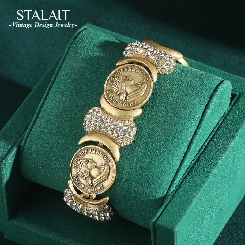 

Vintage Light Gold Color Coin Bracelet Avatar Carving Woman Chunky Round Antique Jewelry Accessories Mother Day Gift 2025 Trend