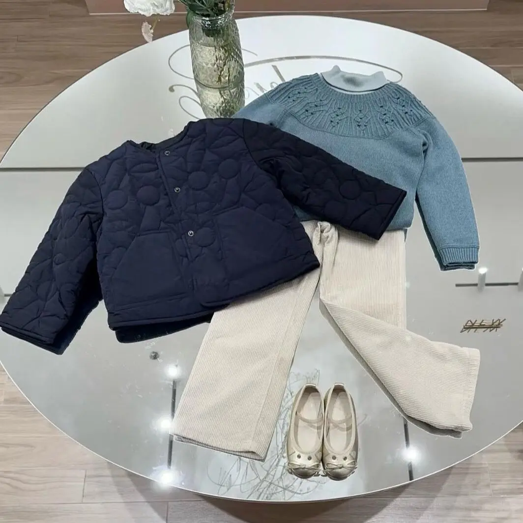 Girls' Coat 2026 Winter New Arrival: Blue Printed Fashionable Children's Warm Cotton Jacket, 100% Cotton Sweet Girls' Long Dress