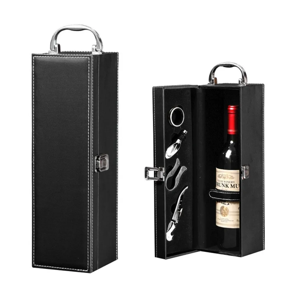 New PU Leather Wine Gift Box with 4 Accessories Set with Handle Portable Carrier Tote with Tools Red Wine Storage Box Gifts
