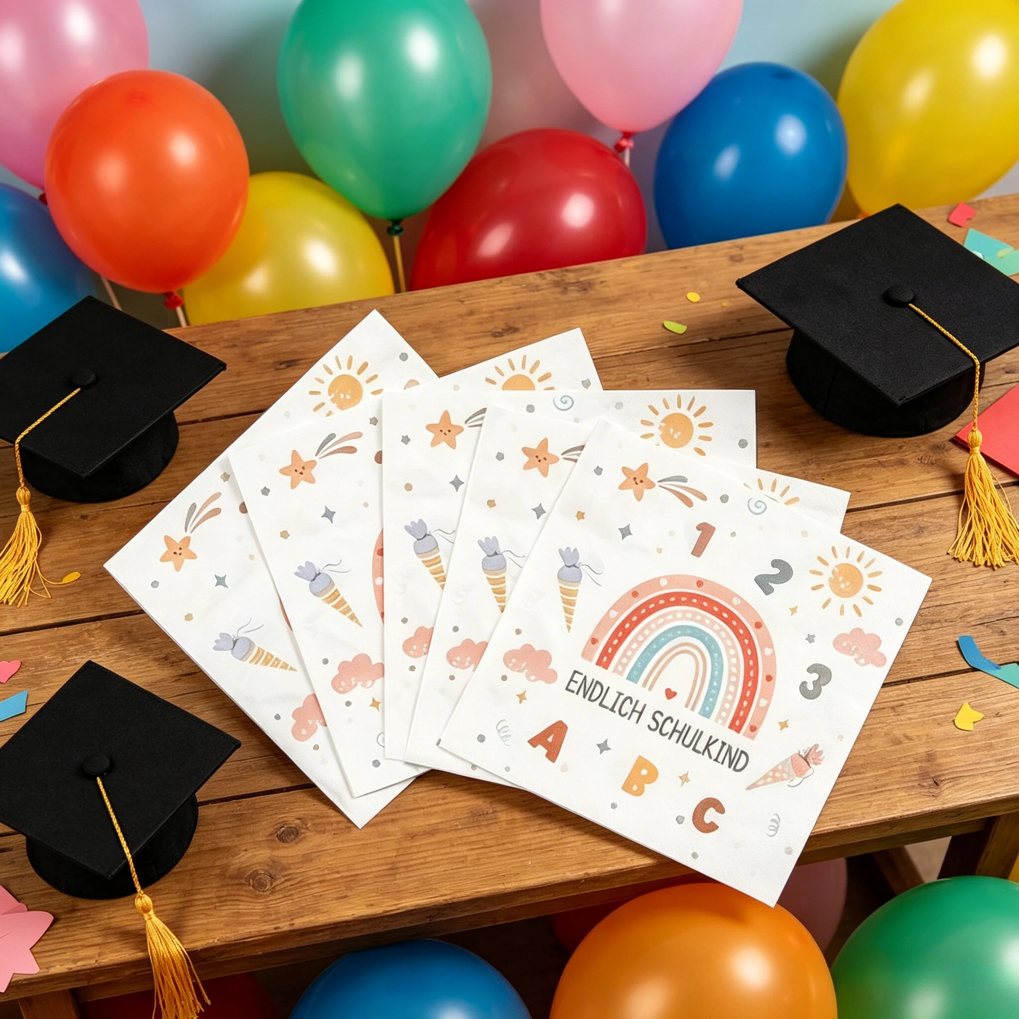 20 piezas/juego de servilletas de papel desechables con estampado de arcoíris, servilletas decorativas escolares "Endlich Schulkind" para fiesta de graduación, servilletas