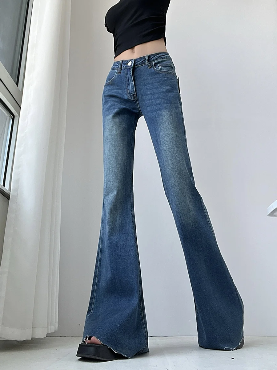 Low Waist Bell Bottom Denim Jeans Women's Spring Autumn New Style Cotton Village Super Model Leg Frayed Hem Washed Blue Casua...