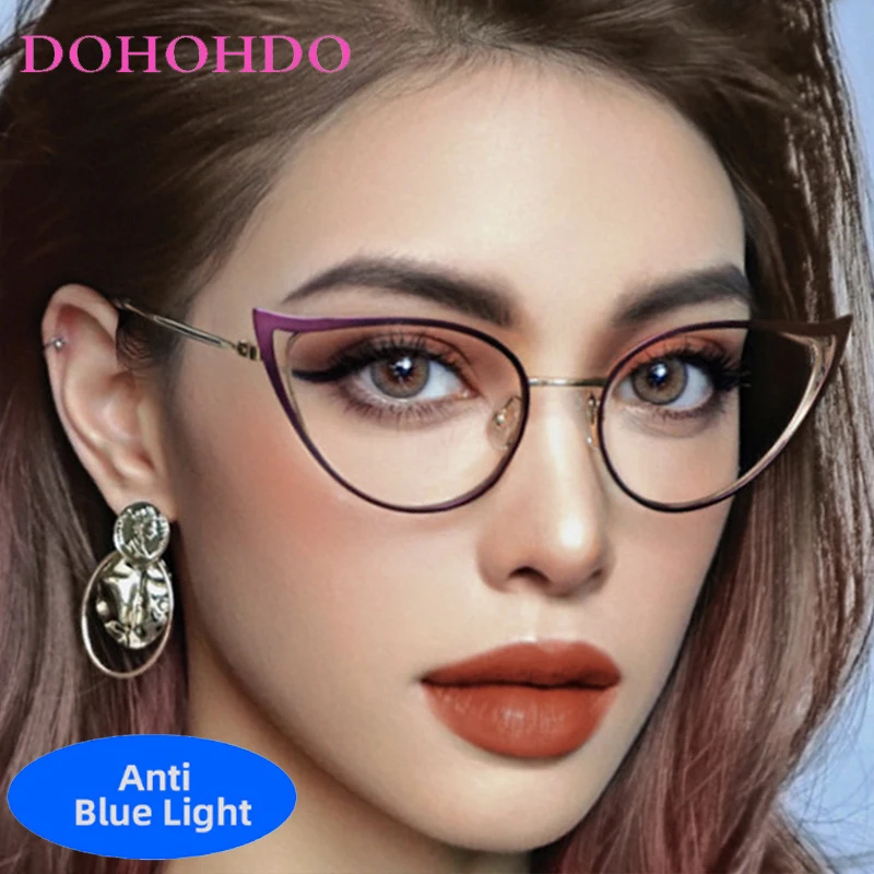 

Luxury Brand Metal Cat Eye Women Use Computer Anti-Blue Light Glasses Men Reading Optical Eye Protection Trend Design Eyeglasses