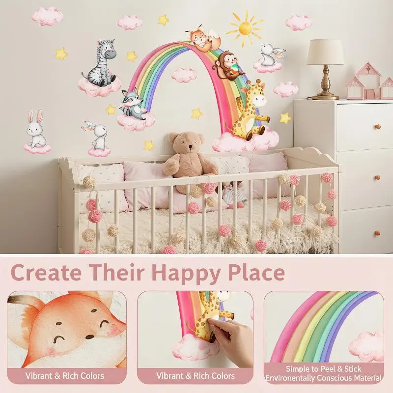 Autocollants muraux décoratifs autocollants pour chambre d'enfant, motif animaux de dessin animé, arc-en-ciel, nuage, soleil