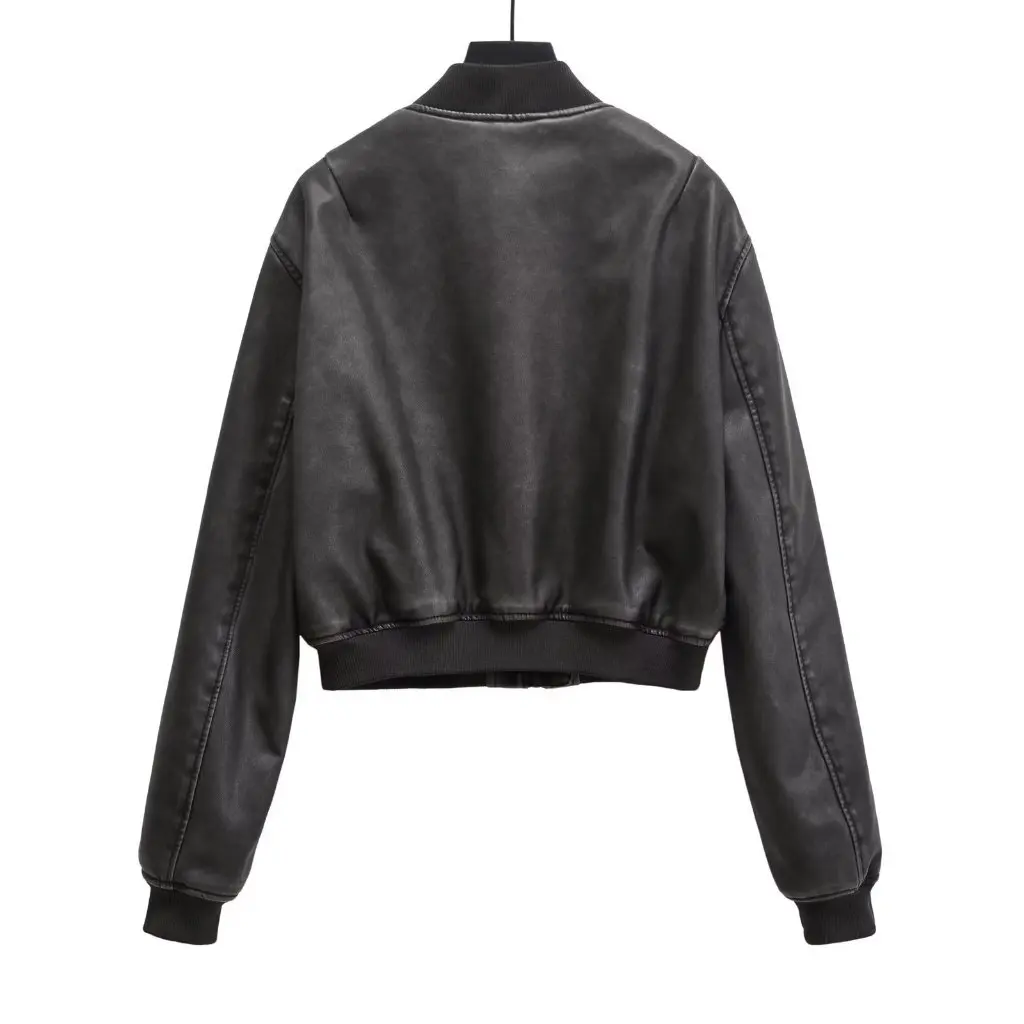 Women's Autumn Loose Faux Leather Jacket Zipper Casual Motorcycle Baseball Uniform Cotton-Padded American Street Style