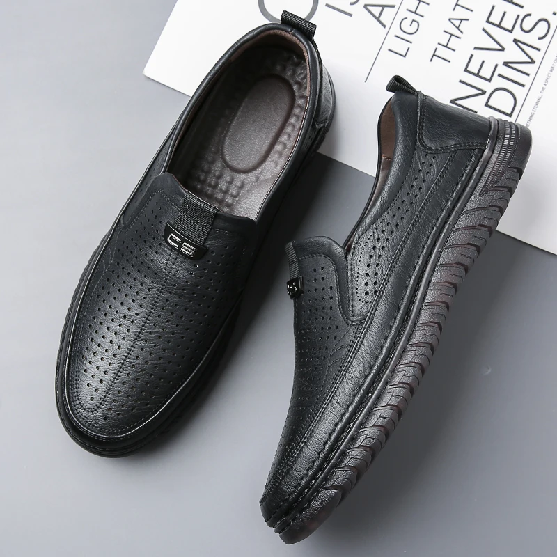 Men's Summer Hollow Slip-on Loafers, Breathable, Anti-slip & Wear-resistant, Soft Sole Casual Driving Shoes-WC886-1