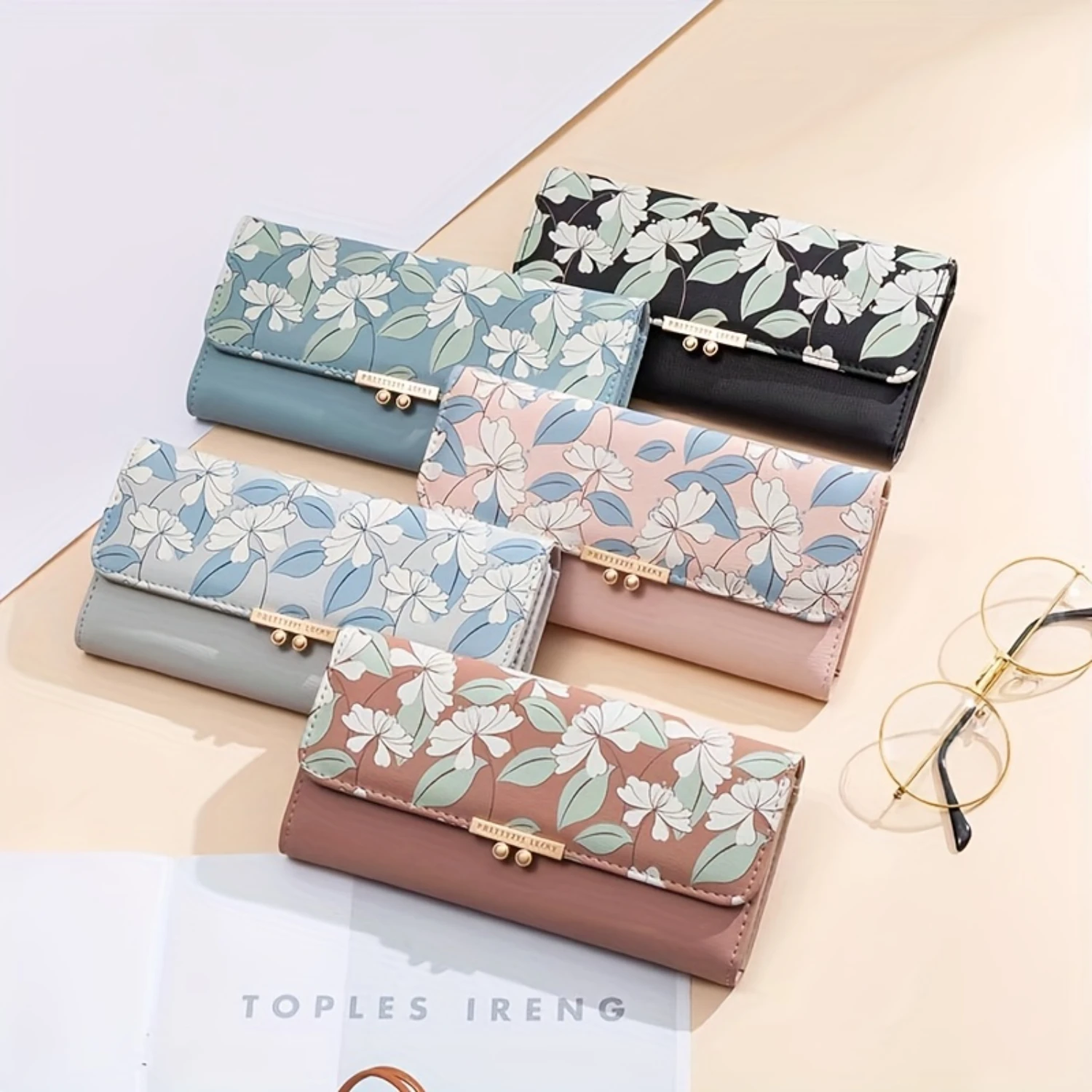 Portafoglio lungo con pochette classica con stampa floreale, portamonete a tre ante, portacarte con portafoglio casual con slot multipli