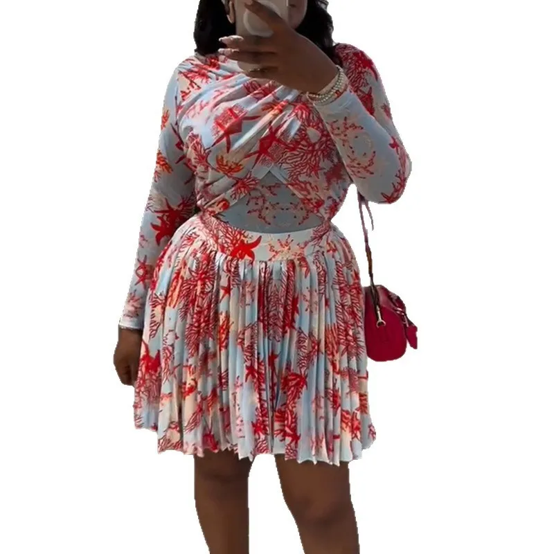 Printed Long Sleeve Top Mini Length Sweet Fresh with Pleated Skirt Regular Sleeve Shirt Top Dye Printing Short Skirt Women Dress