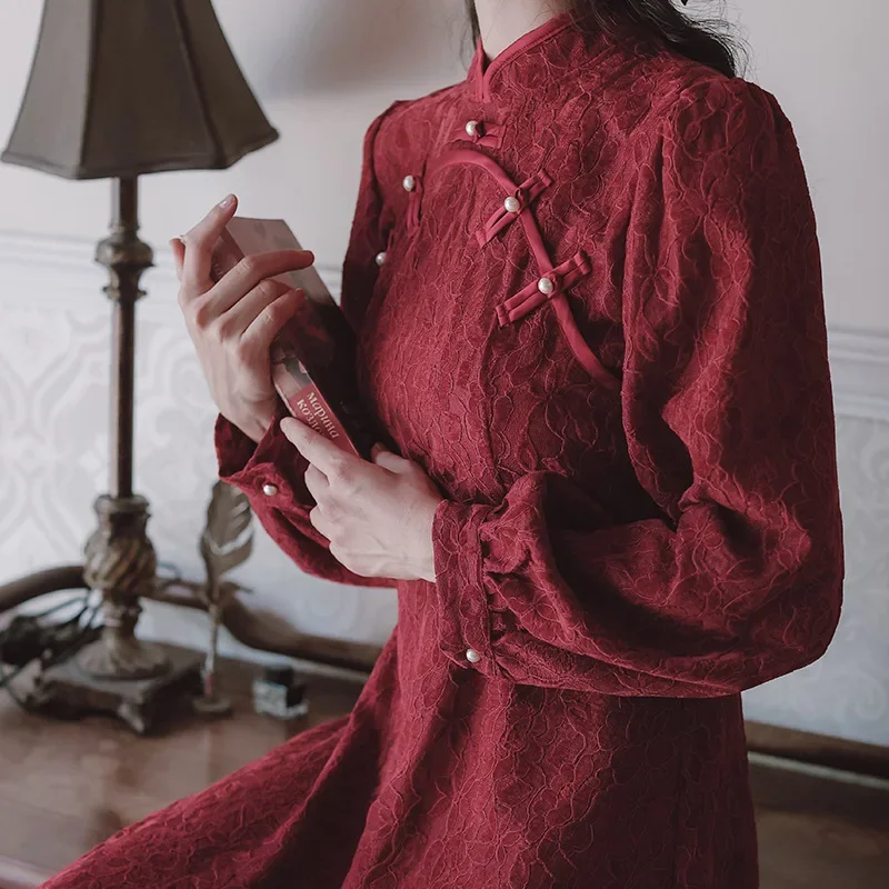 Modernized Chinese Dress Red Long Sleeve Autumn Collection For Women Youthful Style Marriage Keiki Formal Gown