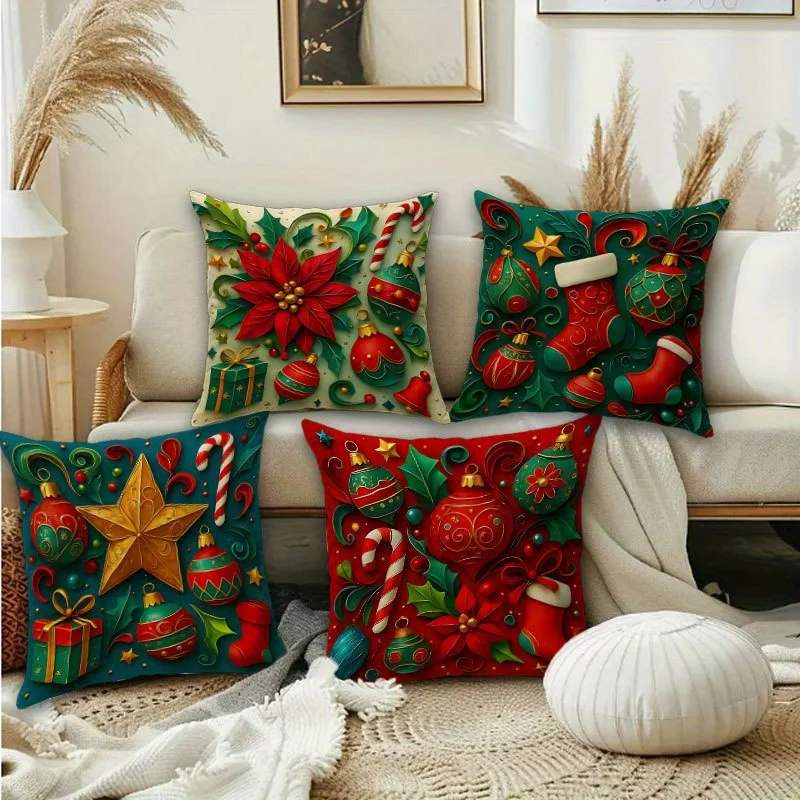 4pcs Bohemian Christmas Pillow Covers, Poinsettia Holly Berry Ornament Print, Polyester Zippered for Living Room Sofa Decor