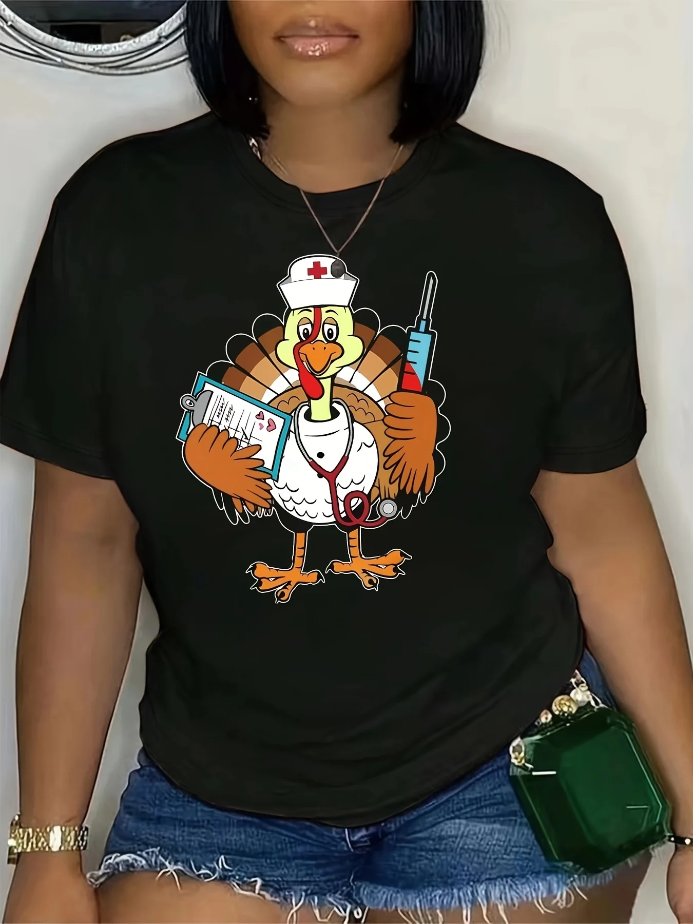 Women'S Thanksgiving Turkey Nurse Graphic T-Shirt, 100% Polyester Crew Neck Short Sleeve Casual Tee, Lightweight Knit Fabric