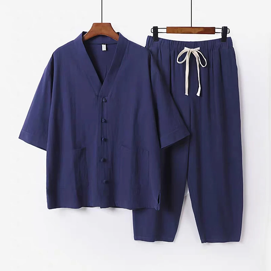 Plus Size Men's Linen 2-Piece Set V-Neck Short Sleeve Shirt & Baggy Pants Loose Breathable Summer Outfit