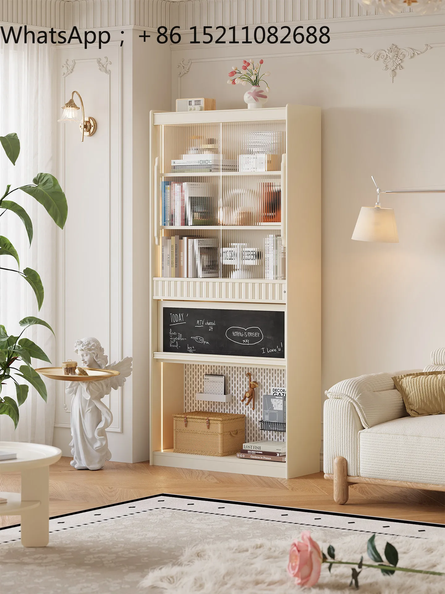 SCY cream wind solid wood bookcase study modern simple intelligent touch bookshelf household storage floor cabinet