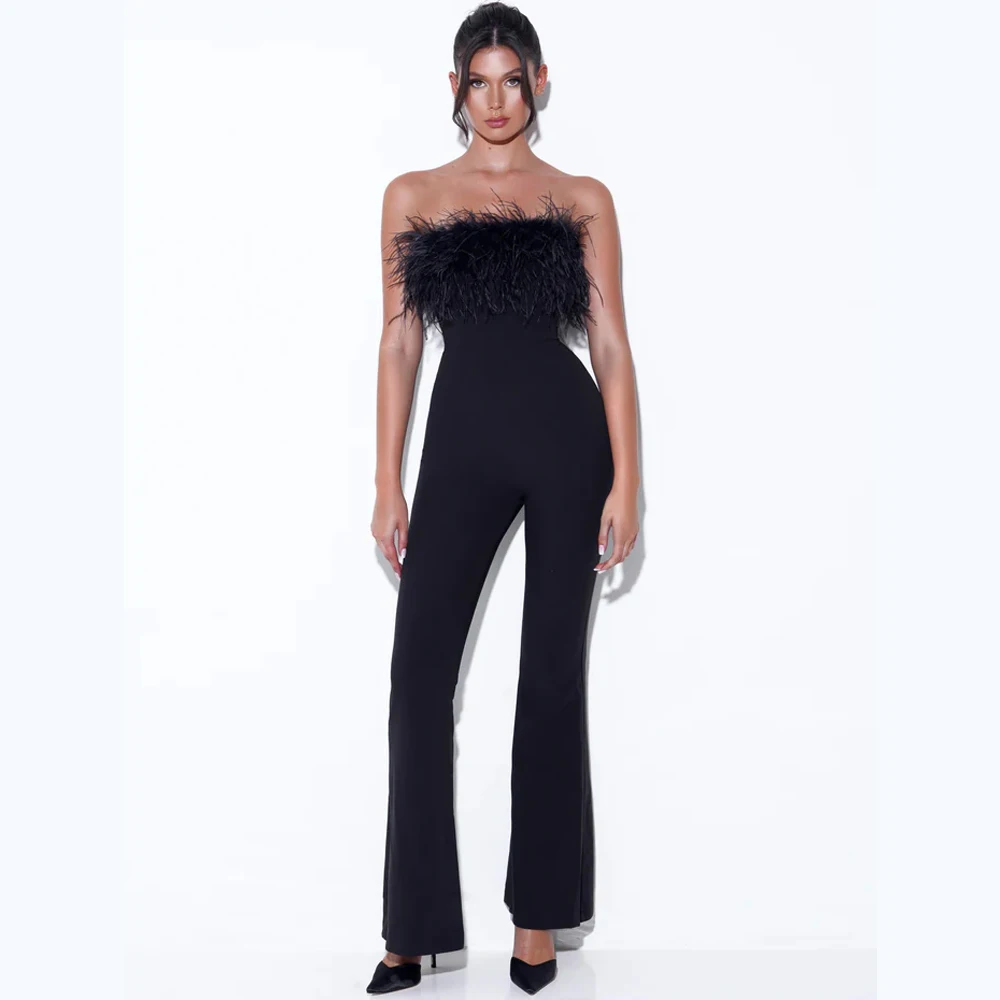 GORAFASHION Feather Patchwork Jumpsuit Women Sexy Off Shoulder Slash Neck Sleeveless Elegant Wide Leg Pants Jumpsuit Party Prom