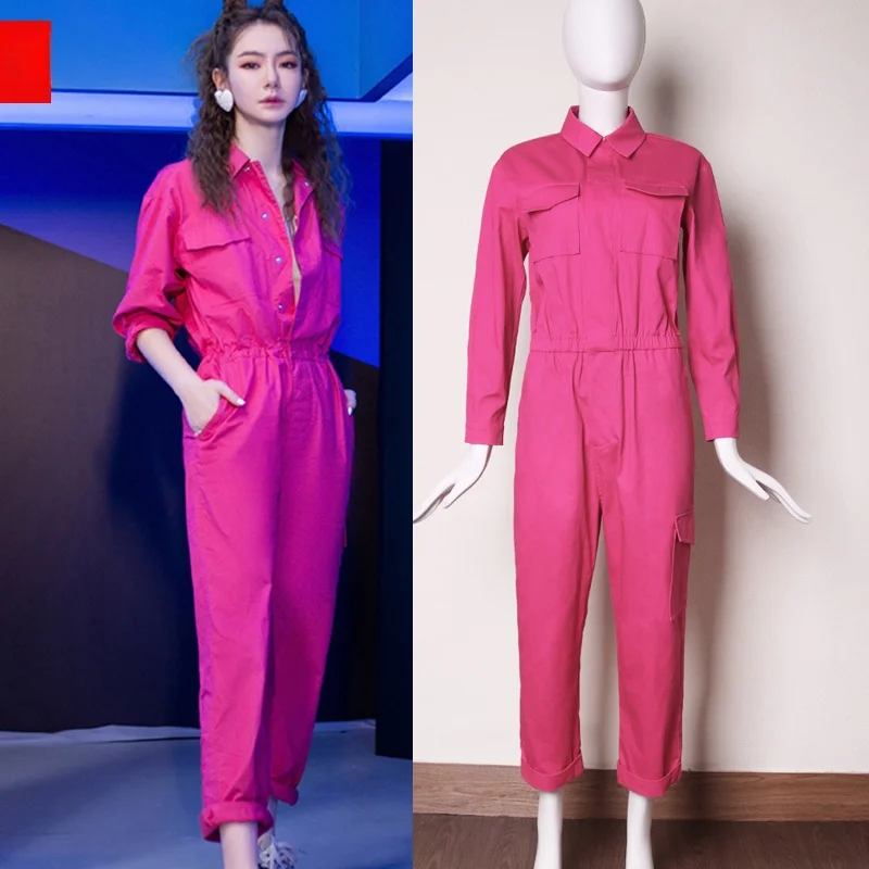 

Женский комбинезон-брюки с высокой талией, повседневный, из хлопка, облегающий, для весны и осени, розовый, рабочий стиль