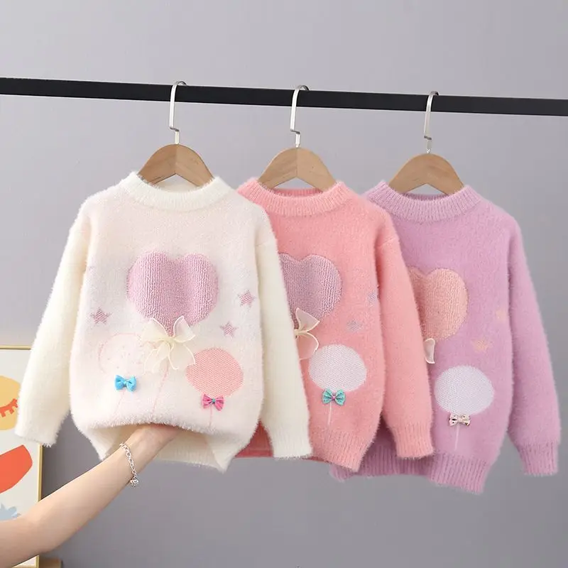 

Chic New Autumn Winter Thick Pullover Sweaters Girls Knit Lace Butterfly-knot Sweaters Children Clothing Girls Sweater