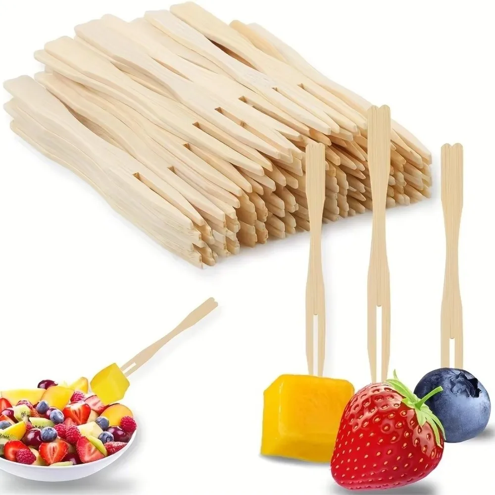 100Pcs Tableware Love Shaped Top Bamboo Disposable Fork Eco-Friendly Mini Bamboo Appetizer Forks Bamboo Skewers Dessert Serving