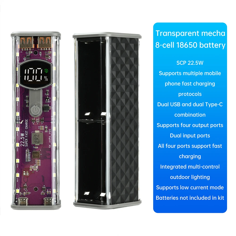 22.5 واط أرجواني ميكانيكي شفاف 8 خلايا 18650 صندوق بطارية لحام علبة بنك الطاقة المجانية تدعم الوضع الحالي المنخفض #3