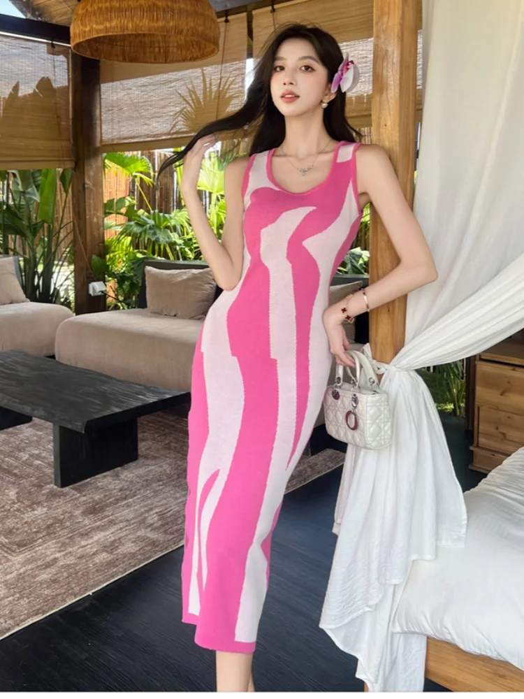 

SMTHMA Vestidos Korean Chic Vintage High Waist Women Dress Bodycon Sexy Stretch Knitted 2025 Summer Dresses