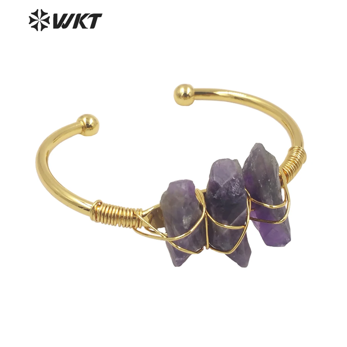 

WT-B602 WKT Design Natural Stone Bracelet Three Stones Amethyst Quartz Big C Bangle Gold Plated Women's Jewelry Gift