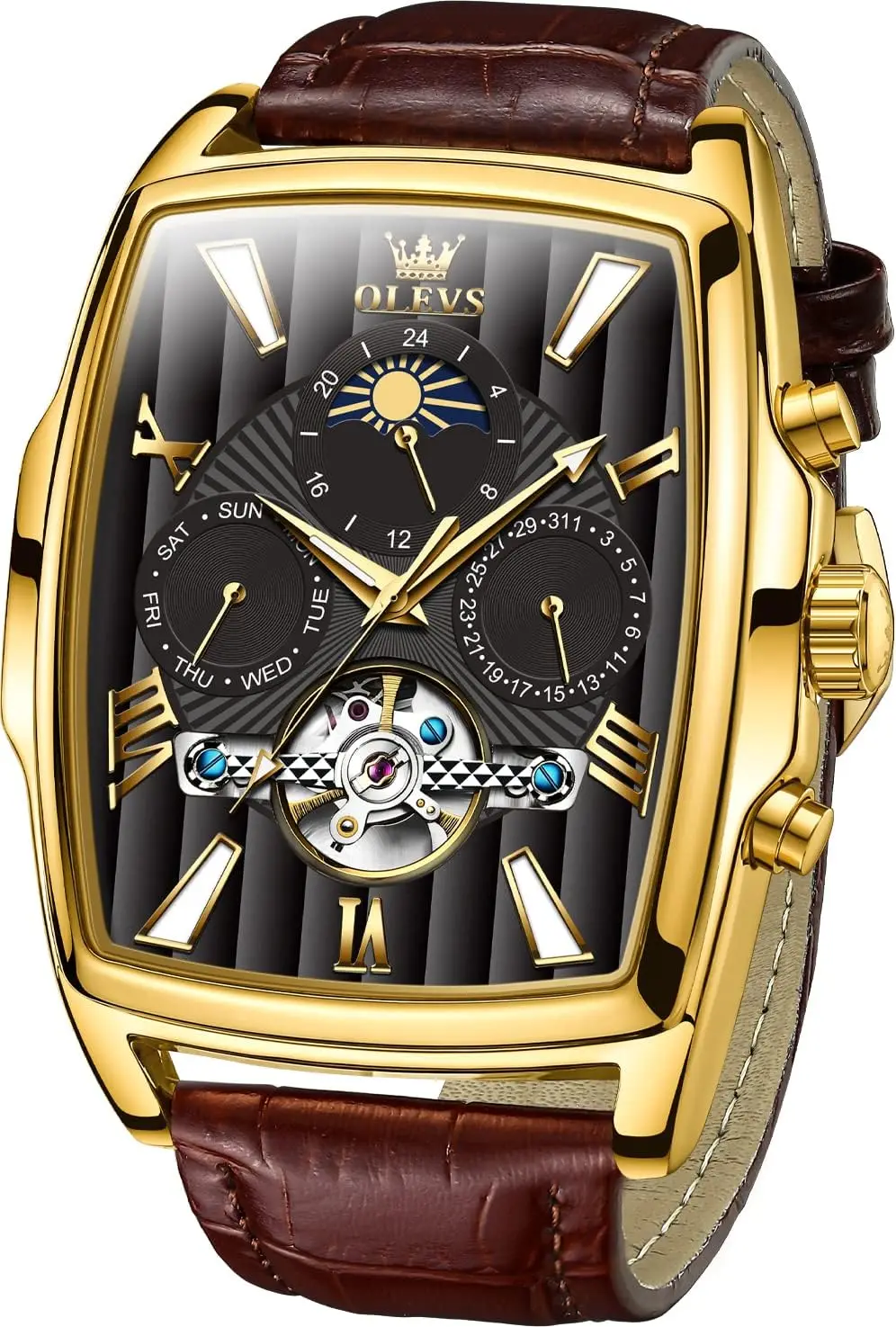 ساعة رجالية مربعة أوتوماتيكية مع مرحلة القمر، تصميم هيكل عظمي، حزام جلد بني، مقاومة للماء ومضيئة