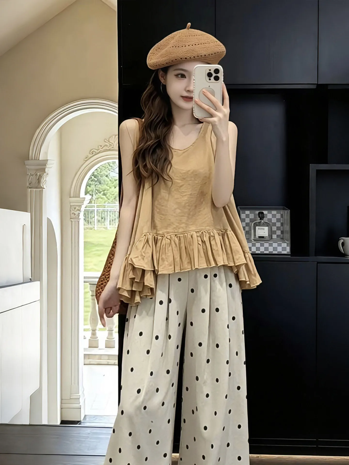 

Summer plus Size Women's Polka Dot Sleeveless Top And Wide Leg Pants Set Casual Loose Fit High Waist Bellovi Fashion Ensemble