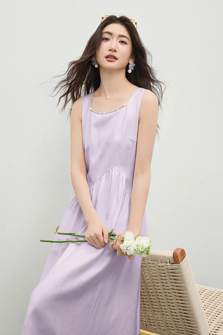 SENTUBILA Damen Ärmelloses Midikleid 2026 Sommer Elegantes Minimalistisches Ausgeschnittenes Perlenbesetztes Kleid mit Quadratischem Ausschnitt und Plissee-A-Linie 162LP6225 – Detail 13