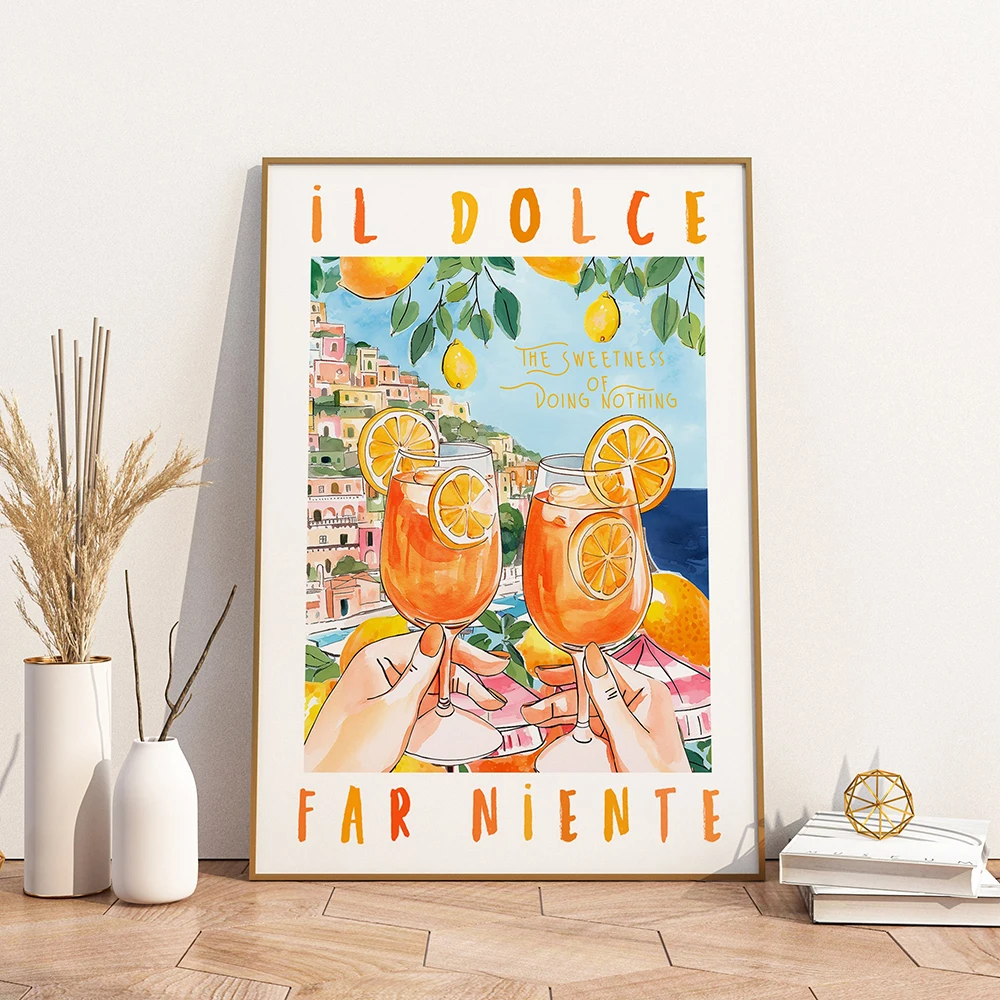 La Dolce Vita Poster And Print Retro Spritz Cocktail Canvas Painting Positano Italy Amalfi Coast Travel Wall Art Bedroom Decor