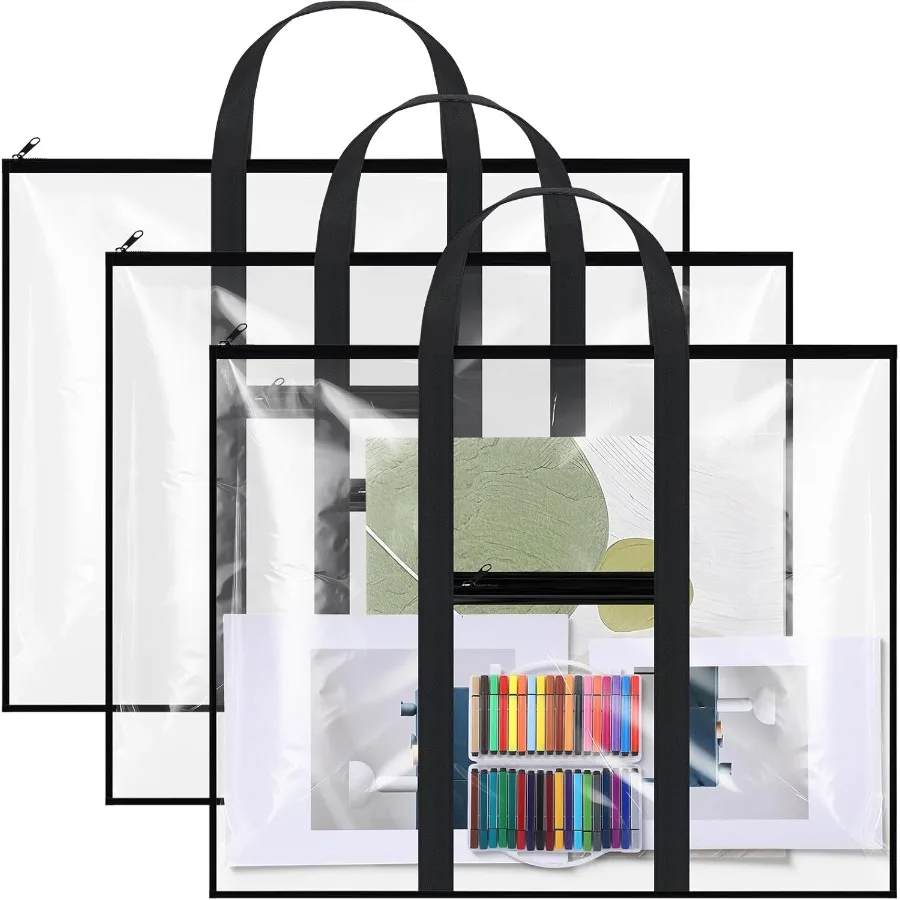 ถุงเก็บโปสเตอร์ขนาดใหญ่ 3 แพ็ค 31.5×25.2 ซม. กล่องใส่ผลงานศิลปะ PVC พร้อมซิปและหูหิ้ว กระเป๋าใสสำหรับจัดเก็บง่าย