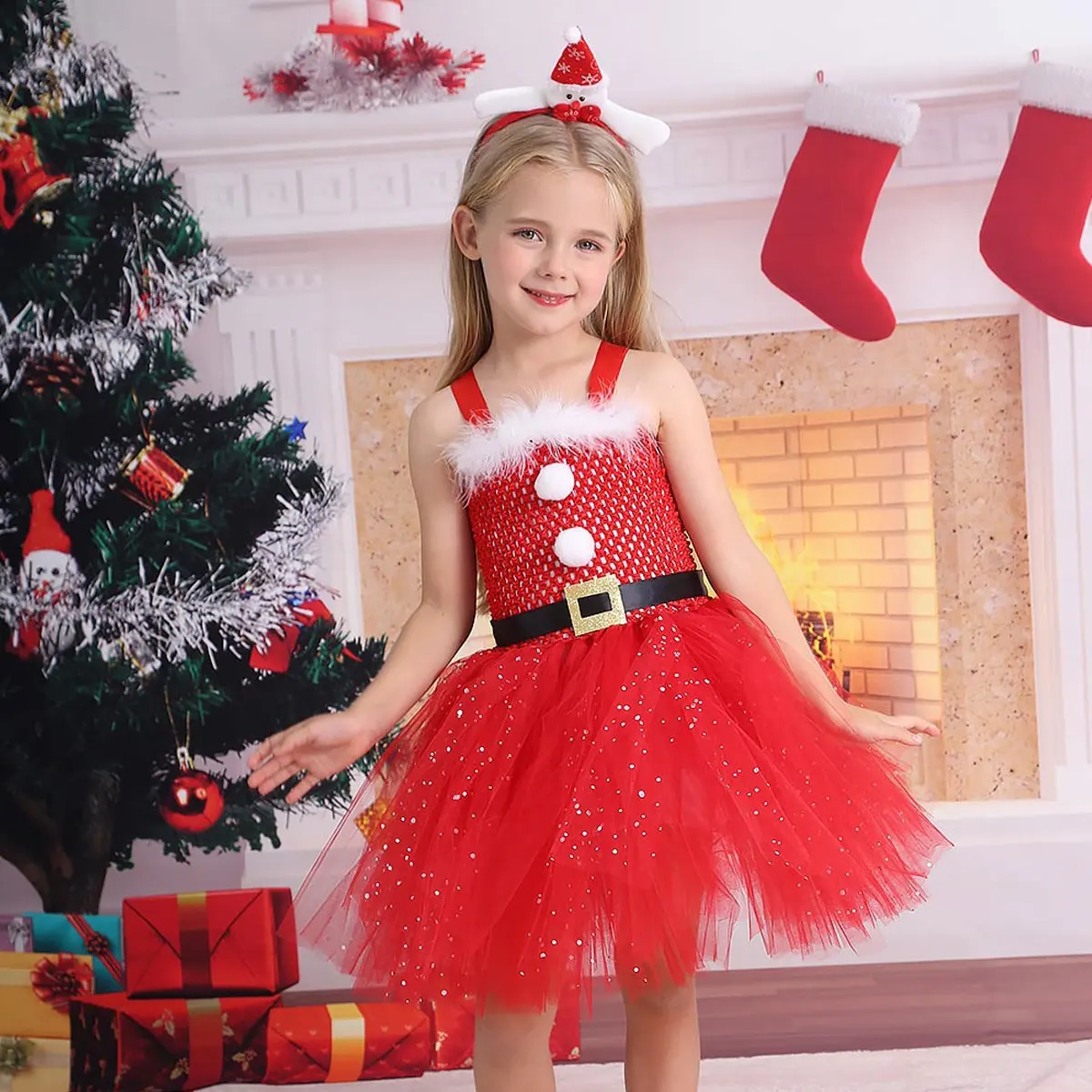 Sparkly Christmas Elf Tutu Dress for Girls Santa Claus Costumes for Kids Birthday Halloween Outfit Children Xmas Holiday Clothes