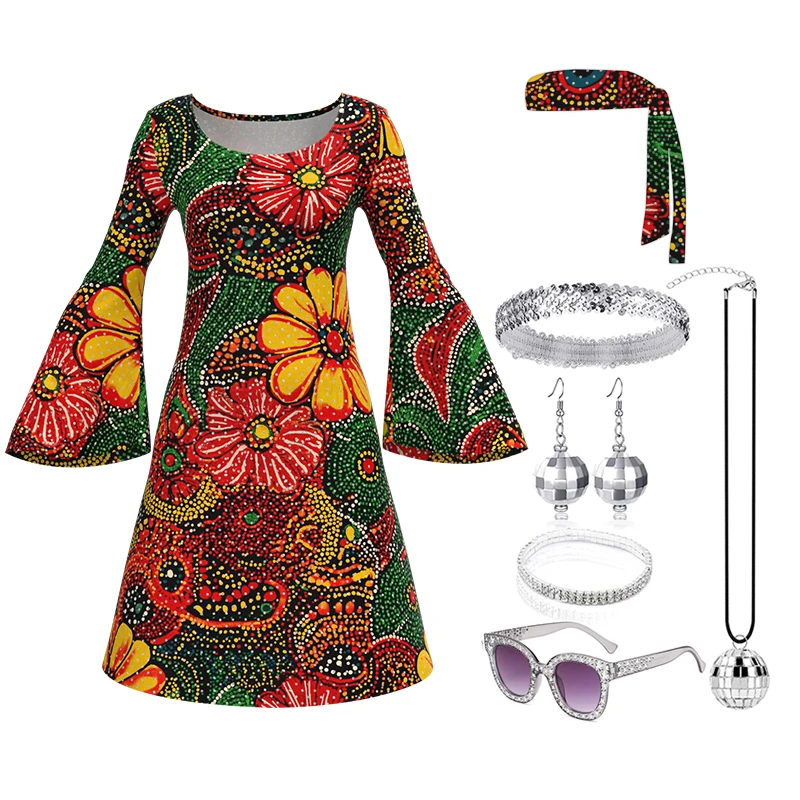 7 قطعة ديسكو الزي الهبي زي المرأة الطباعة ريترو ستايل الملابس فستان علامة السلام اكسسوارات مجوهرات أزياء الهالوين #2