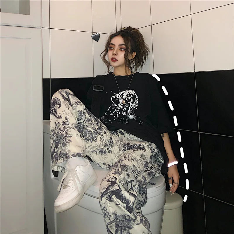 

Summer 2025 Y2K Retro Street Dark Retro Chinese Ink Printing Loose Fit Trendy Men's and Women's Straight Leg Casual Pants