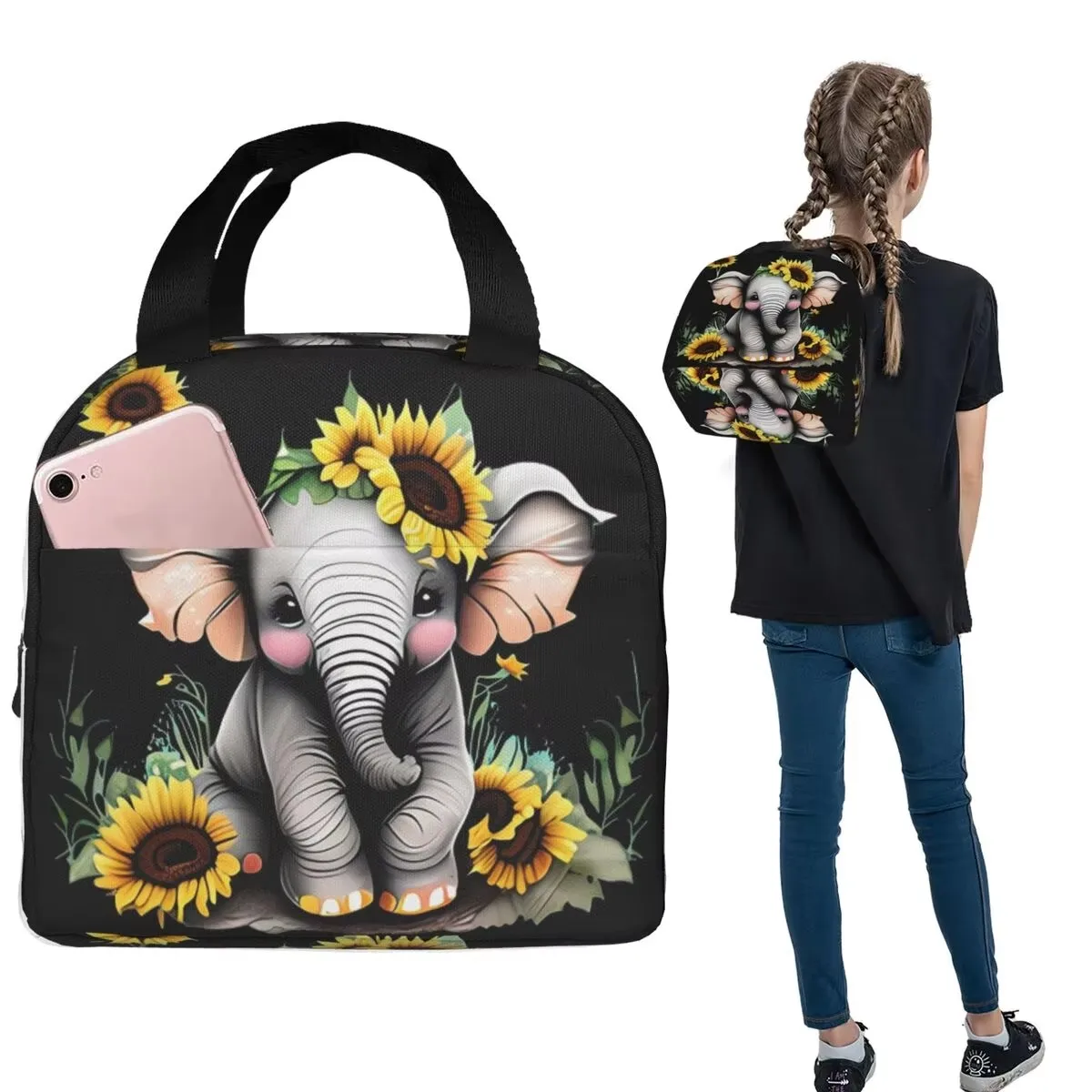Cartoon Elephant Sunflower Insulated Lunch Bag for Women Kids Leakproof Thermal Tote