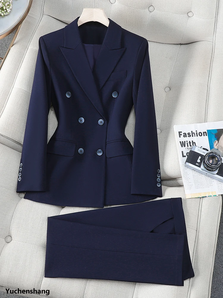 

Fashion Navy Gray Black Women Pant Suit Work 2 Piece Set Ladies Female Formal Blazer Jacket And Trouser