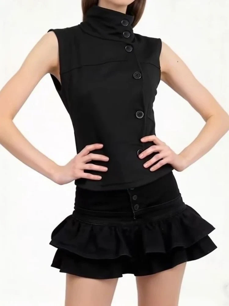 

Уличная одежда с воротником-стойкой, черная майка, женская винтажная однобортная майка в стиле Харадзюку в стиле панк Y2k, эстетичная облегающая майка в стиле гранж