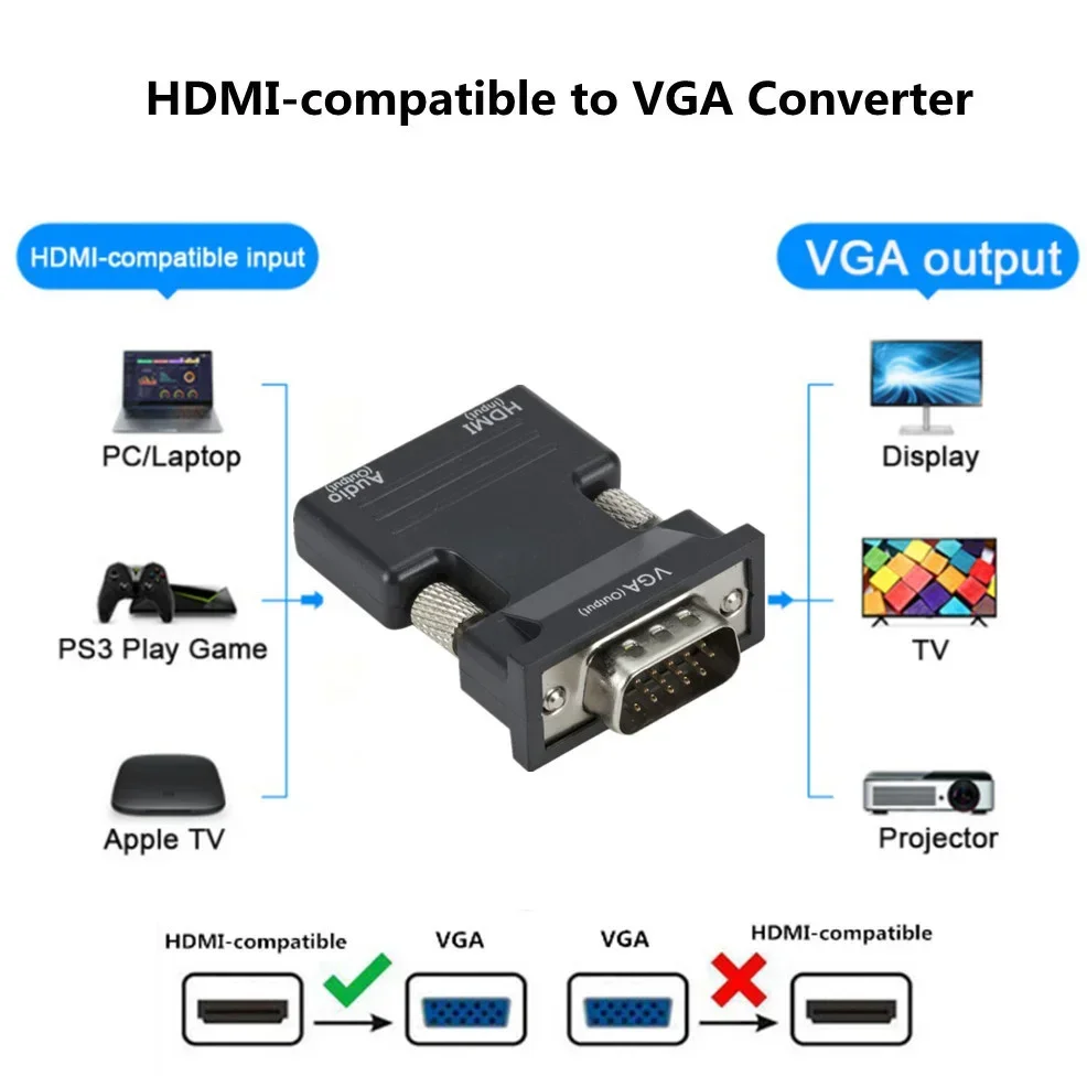 Convertidor adaptador compatible con VGA a HD, adaptador HD a VGA de 1080P para PC, portátil, proyector HDTV, convertidor de Audio y vídeo