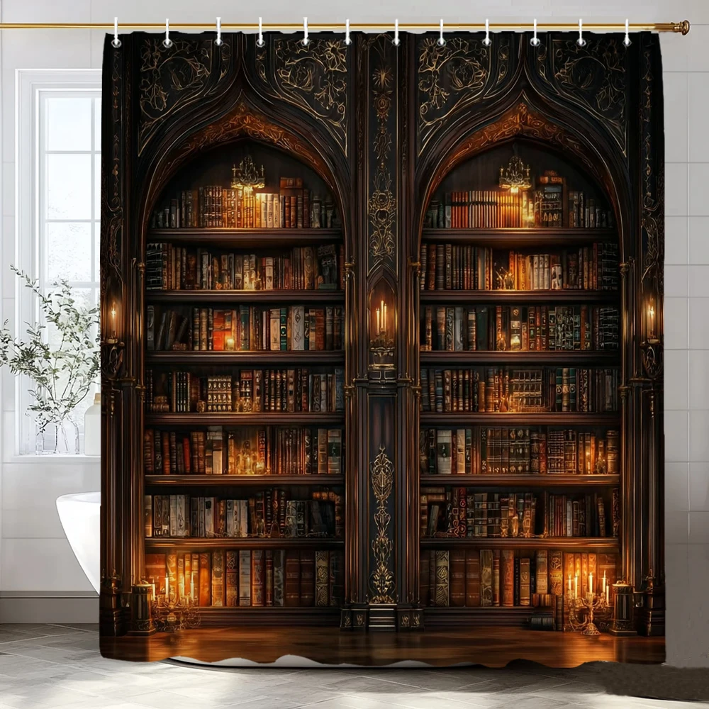 1pc Vintage Library Shower Curtain Old Book Bookshelf Candles Home Polyester Fabric Bathroom Decorative Home Curtain With Hooks