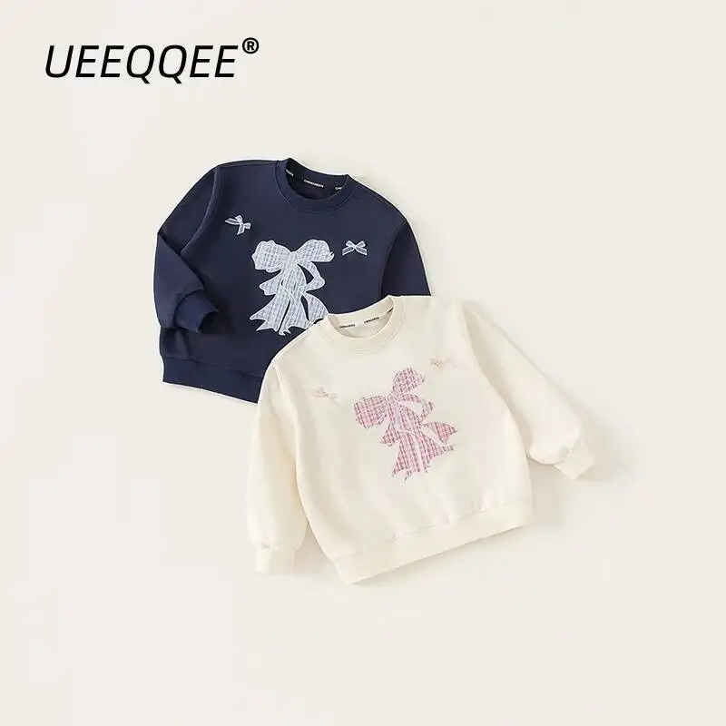 

Spring Autumn Children Sweatshirts 5-14Y Girls Bow Embroidery Plaid Casual Pullover Tops Korean Preteen Wear For Kids Clothing